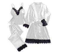 Pjs for Women Sets Satin Silk Pyjama Set Sleepwear Ladies 4 Piece Silk Pajamas Floral Lace Trim Bathrobe Nightwear Short Robe Dressing Gown Nightdress Sexy Cami Bras Underwear Robes with Belt S-3XL