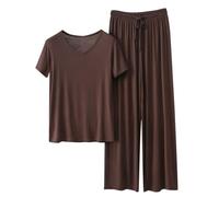 Pjs For Women Sets Short Sleeve Top And Straight Leg Drawstring Pants Soft Comfy Breath Homewear Ladies Solid Color 2 Piece Pyjamas Lounge Night Wear (Coffee, XXL)