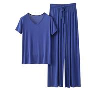 Pjs For Women Sets Short Sleeve Top And Straight Leg Drawstring Pants Soft Comfy Breath Homewear Ladies Solid Color 2 Piece Pyjamas Lounge Night Wear (Blue, XL)