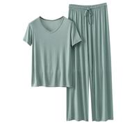 Pjs For Women Sets Short Sleeve Top And Straight Leg Drawstring Pants Soft Comfy Breath Homewear Ladies Solid Color 2 Piece Pyjamas Lounge Night Wear (Grey, XXL)