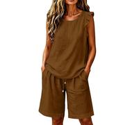 Pjs for Women Sets Soft Cotton Linen Sleeveless Tank Top & Drawstring Shorts Co Ord Casual Holiday Travel Outfits Petite Loose Fit Tracksuit Fashion 2026 for Running Walking Yoga Size 10 Brown