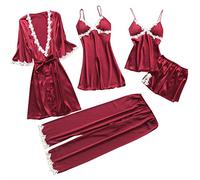 Pjs for Women Sets UK 2023 New 5PC Suit Nightwear Plus Size Solid Color Embroidery Pajamas Dress Sexy Lace Lingerie No Breast Pad Underwear Sleepwear Stickers Camisole Nightgown Daily Essentials Sales