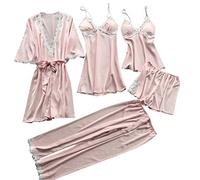 Pjs for Women Sets UK 2023 New 5PC Suit Nightwear Plus Size Solid Color Embroidery Pajamas Dress Sexy Lace Lingerie No Breast Pad Underwear Sleepwear Stickers Camisole Nightgown Daily Essentials Sales