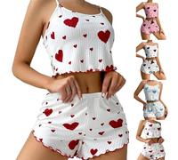 Pjs Sets for Women Summer, Underwear Love Print Design Shorts Underwear Set Spaghetti Strap Tops Cropped Tops Mini Shorts Elasticated Wasit Shorts Ribbed Two Piece Sets Comfortable Red