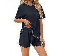 pjs shorts sets women Womens Pyjamas Set Short Sleeve Crewneck Fashion 2 Piece Solid Loungewear Casual Loose Comfy Soft Spring Summer Nightwear Black Free Size