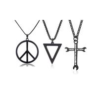 PJWONG Hippie Black Stainless Steel Wrench Cross Necklace for Men Cool Peace Triangle Chain Pendant Necklaces I CAN DO ALL THINGS Inspirational Jewelry Gift for Dad Son, Stainless Steel, No Gemstone