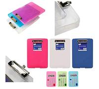 PK 2 x A4 Box File CLIPBOARD -Durable Plastic Filing, Office Storage Case, Side Opening & 1 x Calculator Eraser Pink/Clear/Blue (Colour: Random Only)