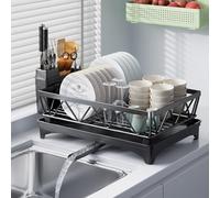 PKBD 1 Tier Large Dish Drying Rack with Drip Tray, Detachable Dish Drainer Rack with Swivel Drainage Spout, Cutting-Board Holder, Cup Holder, Organize Shelf with Utensil Holder Set, Black