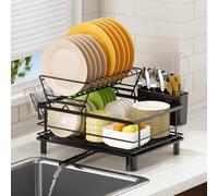 PKBD 2 Tier Dish Drainer Rack, Dish Drying with Swivel Drainage Spout,Utensil Holder, Cup Holder, Rust-proof Carbon Steel with Drip Tray for Kitchen Counter Space-Saving, Black