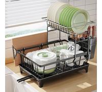 PKBD 2 Tier Dish Drainer Rack, Space Saving Draining Board Rack for Kitchen Counter, Rustproof Sink Drainer Racks with Utensil & Cutting Board Holder, Multifunctional Kitchen Dish Drying Rack, Black