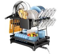PKBD 2 Tier Large Dish Drying Rack with Drip Tray, Detachable Dish Drainer Rack with Swivel Drainage Spout, Cutting-Board Holder, Cup Holder, Organize Shelf with Utensil Holder Set, Black