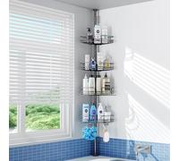 PKBD 4-Tier Rustproof Telescopic Corner Shower Caddy, Height Adjustable No Drilling Bathroom Storage Accessory Shelf Organiser from 58.5 to 317.5 cm, with 4 Large Capacity Adjustable Baskets, Black