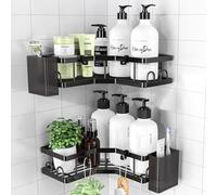 PKBD Corner Shower Caddy 2 Pack,Bathroom Storage No Drilling,Shower Storage with Soap Holder&Hooks&Toothpaste Holders,Bathroom or Kitchen,Rustproof Stainless Steel Suction Bathroom Accessories,Black