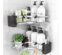 PKBD Corner Shower Caddy 2 Pack - Bathroom Storage No Drilling With Soap Holder, Hooks and Toothpaste Holders for Kitchen - Rustproof Stainless Steel Suction Accessories, Silver