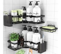 PKBD Corner Shower Caddy 3 Pack,Bathroom Storage No Drilling,shower storage with Soap Holder&Hooks&Toothpaste Holders,Bathroom or Kitchen,Rustproof