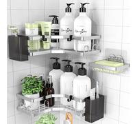 PKBD Corner Shower Caddy 3 Pack,Bathroom Storage No Drilling,Shower Storage with Soap Holder&Hooks&Toothpaste Holders,Bathroom or Kitchen,Rustproof Stainless Steel Suction Bathroom Accessories,Silver