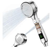 PKBD Filter Shower Head with 4 Modes & Water Temperature Display, 15 Layers Filtration High Pressure Filtered Shower Heads with Holder and 1.5M Hose, for Hard Water Residual Chlorine Remove, Silver