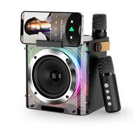 PKBD Karaoke Machine 2 Microphones for Adults Kids, Portable Bluetooth Speaker with 4 Voice Changing Effects and 5 Light Effects, Karaoke Speaker for Gift Home Party - Support TF Card, AUX (Black)