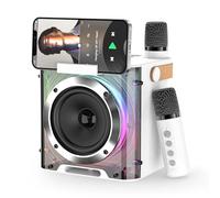 PKBD Karaoke Machine 2 Microphones for Adults Kids, Portable Bluetooth Speaker with 4 Voice Changing Effects and 5 Light Effects, Karaoke Speaker for Gift Home Party - Support TF Card, AUX (White)