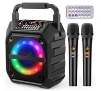 PKBD Karaoke Machine with Two Wireless Microphones,Portable Bluetooth Speaker with LED Lights, PA System, Supports TF Card/USB for Adults & Kids, for Girls Boys Families Home Party (Dark Black)