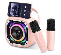PKBD Mini Karaoke Machines 2 Microphones For Kids, Portable Wireless Bluetooth Speaker with Phone Holder/Dynamic Light/Voice Changer Effects, Karaoke Machine Gift for Girls Boys, Pink