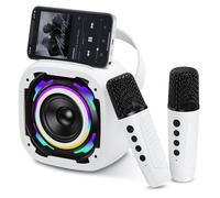 PKBD Mini Karaoke Machines 2 Microphones For Kids, Portable Wireless Bluetooth Speaker with Phone Holder/Dynamic Light/Voice Changer Effects, Karaoke Machine Gift for Girls Boys, White