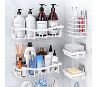 PKBD Rustproof Stainless Steel Shower Caddy 5 Pack, Bathroom Storage Accessory Shelf Organiser No Drilling Hanging, Soap Toothbrush Holder Set, Kitchen Wall Mounted Corner Decor, White