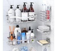 PKBD Rustproof Stainless Steel Shower Caddy 5 Pack, Bathroom Storage Accessory Shelf Organiser No Drilling Hanging, Soap Toothbrush Holder Set, Kitchen Wall Mounted Corner Decor, Silver