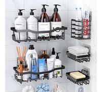 PKBD Rustproof Stainless Steel Shower Caddy 5 Pack, Bathroom Storage Accessory Shelf Organiser No Drilling Hanging, Soap Toothbrush Holder Set, Kitchen Wall Mounted Corner Decor, Black