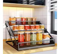 PKBD Stackable Spice Rack Frosted Black Organizer for Cabinet, 3-Tier Foldable Metal Countertop Spice Storage Holder, Pantry Kitchen Seasoning Step Shelf for Spice Bottles, Jars, Black