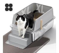 PKBD XL Stainless Steel Cat Litter Tray, Large Litter Tray with Detachable Enclosure, 32L Litter Box with XL Mat, Metal Cat Litter Scoop and Stairs for Senior Cats, Suitable for Most Cats