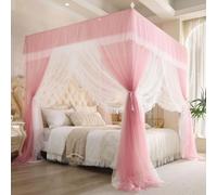 PKEWNXDQJ Mosquito Net Shading Bed Curtain Four Poster Bed Canopy with Stand Princess Curtains Canopy for Girls King Size （PINK