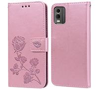 PKQTOP Phone Case for Nokia C32/C22 with Kickstand,Card Slots,Silicone Bumper,Shockproof,Flip Wallet Leather Protective Cover for Nokia C32/C22 Pink