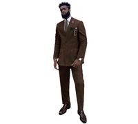 Pkrboro Men's Stripe Suit Peak Lapel Double Breasted Buttons Jacket Trousers for Speech Party Coffee
