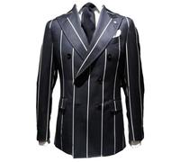 Pkrboro Men's Wide Pinstripe Blazer Double Breasted Buttons Suit Jacket for Business Wedding Formal Navy Blue