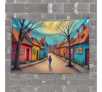 PKRD Backyard Bar Decor A Child Walks Down A Colorful Street Lined With Vibrant Houses. Tapestry Funny Bedroom Decor Funky Decor(100X150CM)