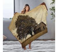 PKRD Cute Throw Blanket A Small Wooden Cabin Stands Under A Large Tree In An Open Field. Flannel Blanket Small Blanket Blanket Queen Size(127x100cm)