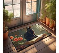 PKRD Front Door Mats Outdoor Large A Black Cat Sits On An Open Book, Surrounded By Vibrant Flowers. Doormat Teen Room Decor Inside Door Mats For Front Door(40X60CM)