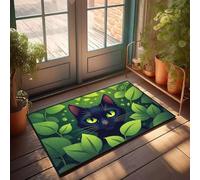 PKRD Front Porch Layered Rug A Black Cat With Glowing Green Eyes Surrounded By Lush Leaves. Doormat Decor For Man Cave Welcome Rugs Front Door Indoor(65X90CM)