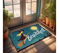 PKRD Funny Door Mats For Front Door A Witch Flying On A Broom Under A Full Moon With The Word Bewitched Doormat Classroom Door Mat Welcome Mats For Front Door Out(50X80CM)