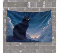 PKRD Funny Home Decor A Black Cat Sits On A Hill Under A Starry Sky. Tapestry Dorm Wall Decorations Bedroom Wall Decor Above Bed(75X100CM)