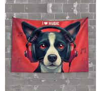 PKRD Funny Home Decor A Dog Wearing Headphones With Musical Notes Around It. Tapestry Dorm Wall Decorations Bedroom Wall Decor Above Bed(75X100CM)