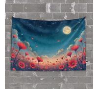 PKRD Funny Kitchen Decor A Field Of Red Flowers Under A Starry Sky With A Full Moon. Tapestry Aesthetic Tapestry Bedroom Door Decorations(100X150CM)