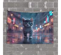 PKRD Funny Kitchen Decor A Kitten Walks On A Rainy City Street. Tapestry Man Cave Decor And Accessories Astethic Stuff For(75X100CM)