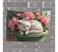 PKRD Funny Kitchen Decor A White Cat Sleeping Among Pink Flowers In A Green Pot. Tapestry Man Cave Decor And Accessories Astethic Stuff For(75X100CM)