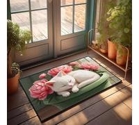PKRD Funny Text Doormat A White Cat Sleeping Among Pink Flowers In A Green Pot. Doormat Welcome Mats Indoor Outdoor Mats For Patio Waterpr(65X90CM)
