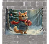 PKRD Garage Decor For Men A Cute Cat Holding A Wrapped Gift In A Snowy Forest. Tapestry Wall Decor For Dorm Room Man Cave Bar(75X100CM)