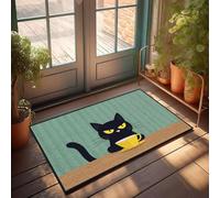 PKRD Indoor Door Mat Non Slip A Black Cat With Yellow Eyes Is Sitting At A Table, Holding A Cup. Doormat Outside Decor Door Mats For Inside Entry(40X60CM)