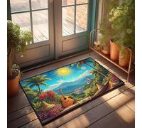 PKRD Indoor Door Mat Non Slip A Vibrant Tropical Scene With Palm Trees, A Guitar, And Colorful Flowers. Doormat Outside Decor Door Mats For Inside Entry(50X80CM)