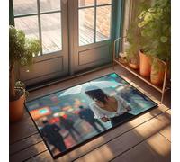 PKRD Large Front Door Mat Indoor A Woman Walks Under An Umbrella In The Rain. Doormat Fall Rug Fall Outdoor Rug(65X90CM)